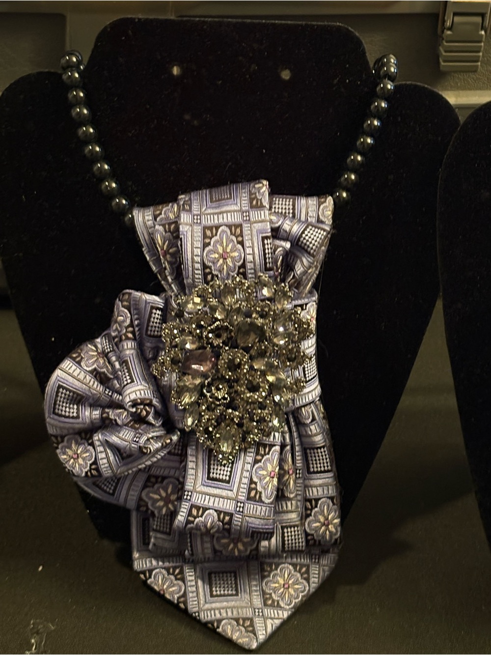Gorgeous  necktie Necklace with Smoky Crystal Brooch - granite